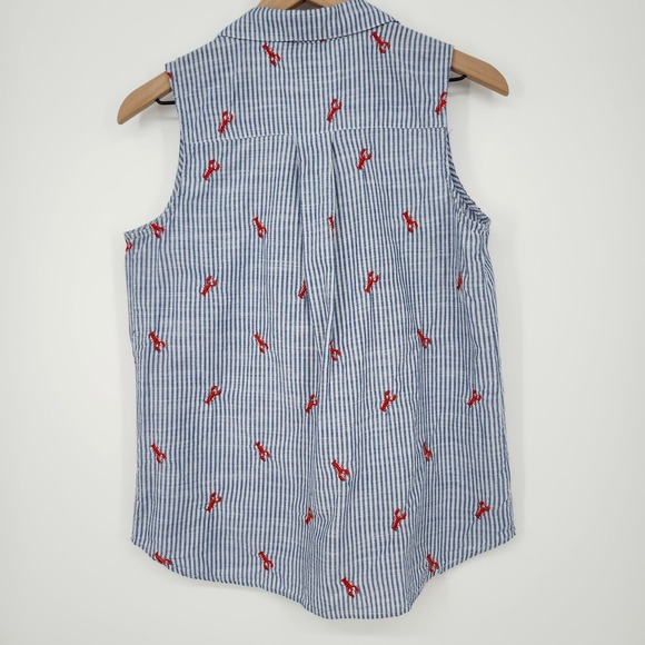 Bass Womens Lobster AOP Top Size S Blue White Embroidered‎ Coastal Nautical - Picture 6 of 7